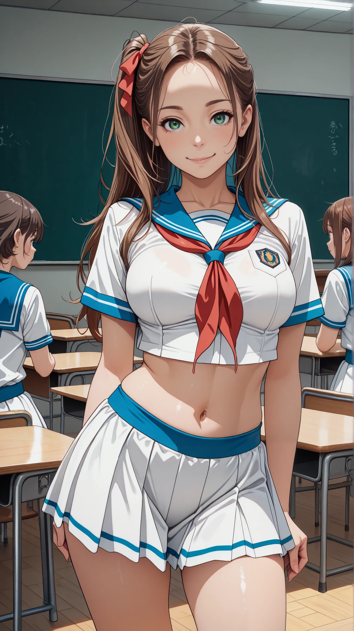 masterpiece, best quality, very aesthetic, realistic detailed anime, Sharp Focus, 1lady, JK, detailed face, detailed green eyes, smile, semi-long hair, dark brown silky hair, forehead, sliced back hair, side ponytail, contrapposto, hands behind back, navel, Captivating thighs, knee, classroom, (sheer crop top white shirt), sailor suit, pleated skirt, red ribbon tie