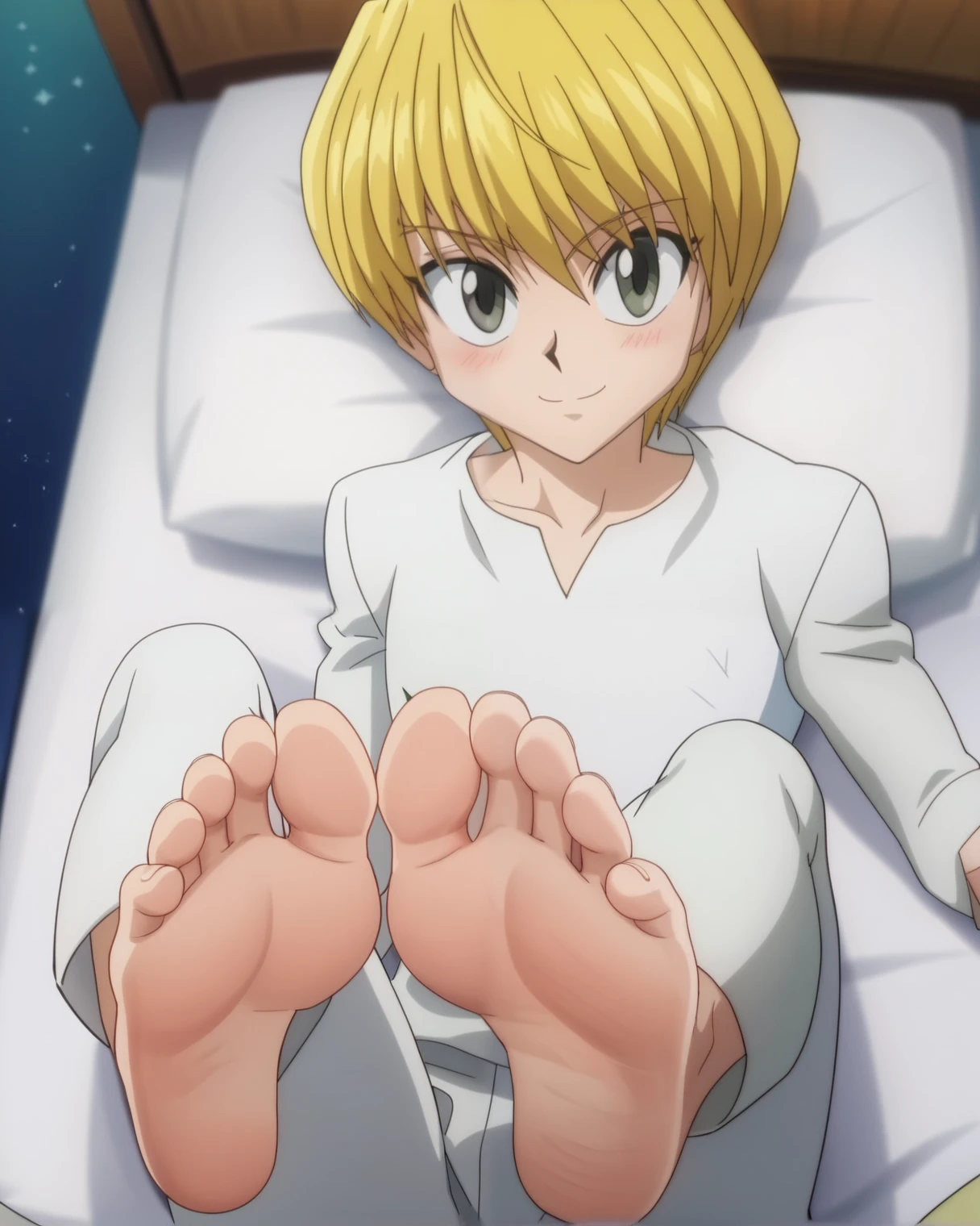 Score_9, score_8_up, source_anime, 1boy, Kurapika, Hunter x Hunter, big eyes, smile, blush, White long-sleeve V-neck shirt, no undershirt, white long pants, alone, looking at viewer, from above, lying on the bed, in his bedroom, seductive, night, lifting legs to show his soles, cowboy shot, ANIME SCREENCAP, anime coloring, barefoot, perfect feet, anatomically correct, soles, focal length 35mm, each foot has five toes, front, symmetrical soles, foot focus