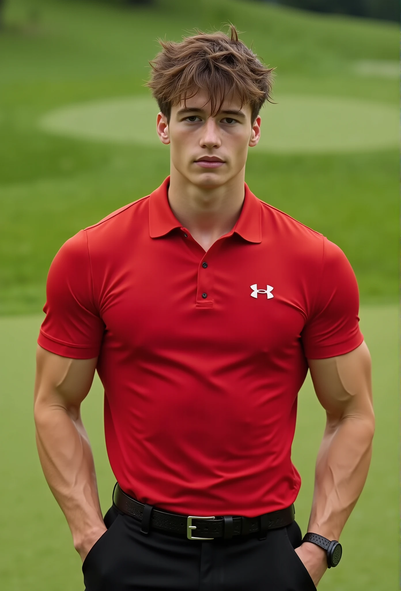 Bach. The image is a photograph of Bach standing on a grassy green golf course. He is in his early twenties. He has a fair complexion and short, tousled brown hair with a messy fringe. He has a strong, athletic build with well-defined muscles, particularly noticeable in his arms and chest. He is wearing a red, form-fitting Under Armour polo shirt that highlights his physique. He is wearing fitted black shorts, with a black belt and silver buckle. His facial expression is neutral.