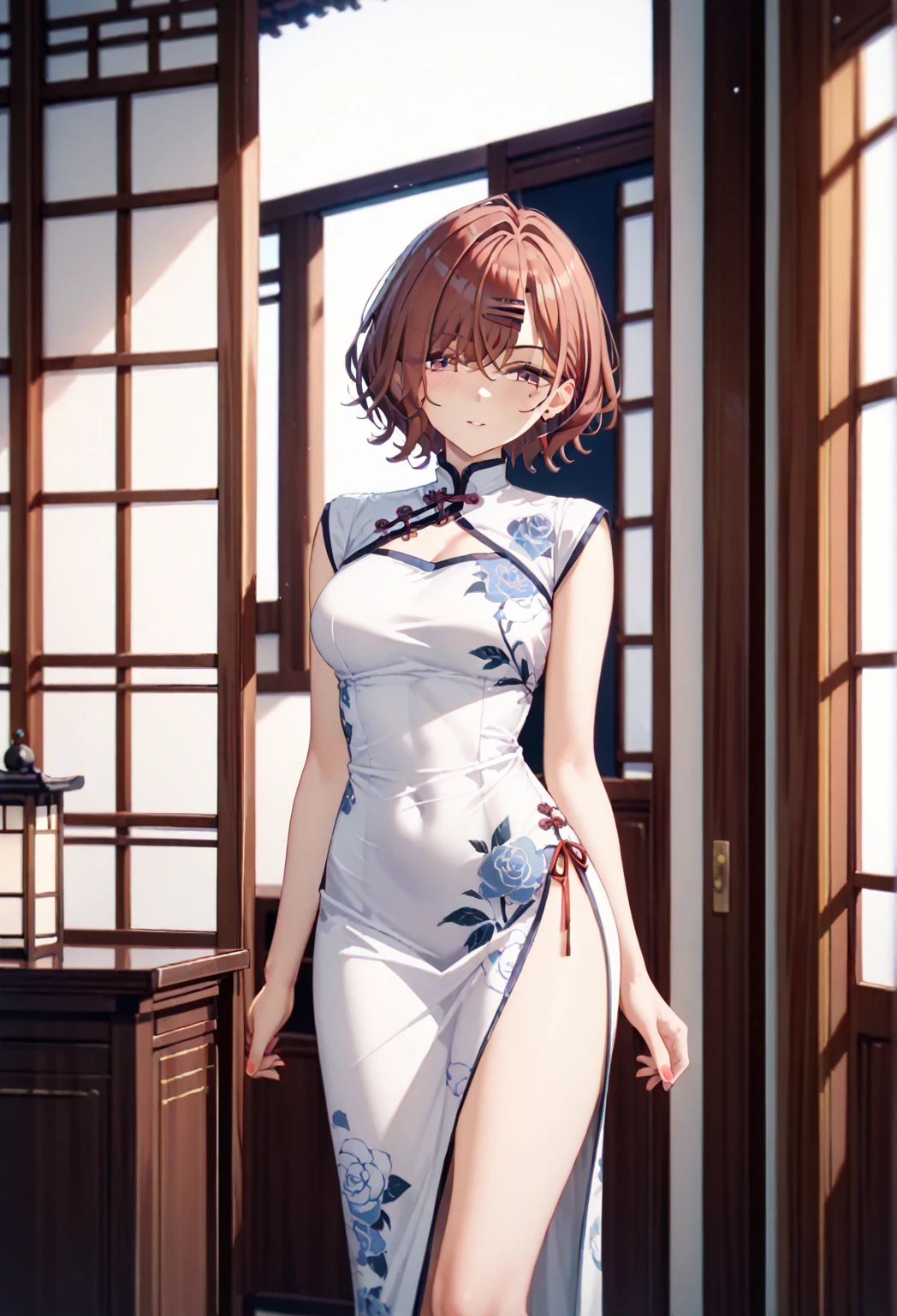 (((masterpiece, Highest quality, High resolution, 超High resolution, 4K, ))), One Woman, ((Food Wars!, Erina Nakiri)), Naked Apron, whole body, kitchen, Crab-legged stance, Peace sign with both hands, ((whole bodyローアングルビュー))