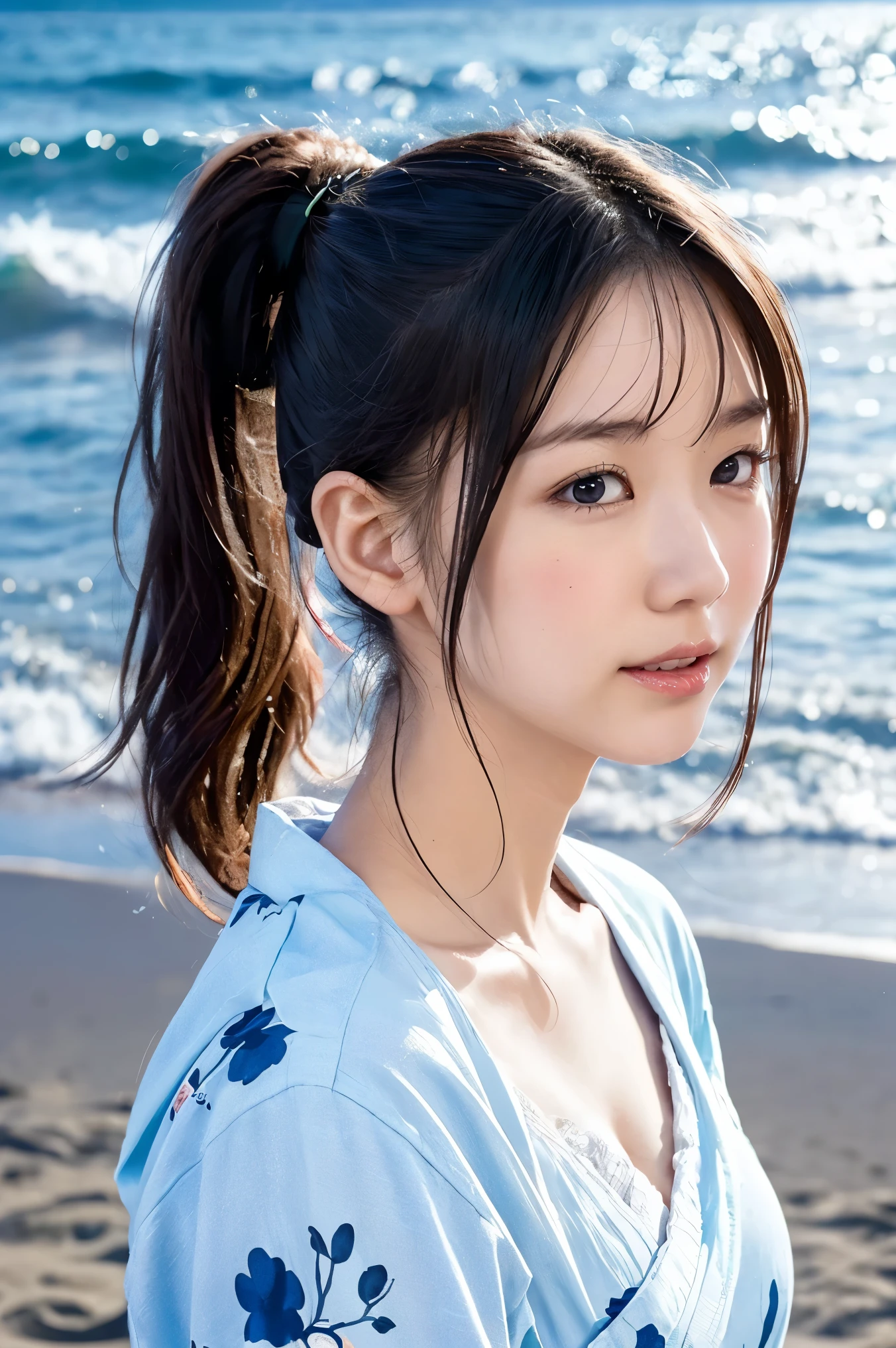 Japanese、Age 25、younger sister、Randomly generated people with diverse facial features and hairstyles、Perfect Anatomy,Ocean、Beach, Night Sky, yukata, natural breast, high ponytail