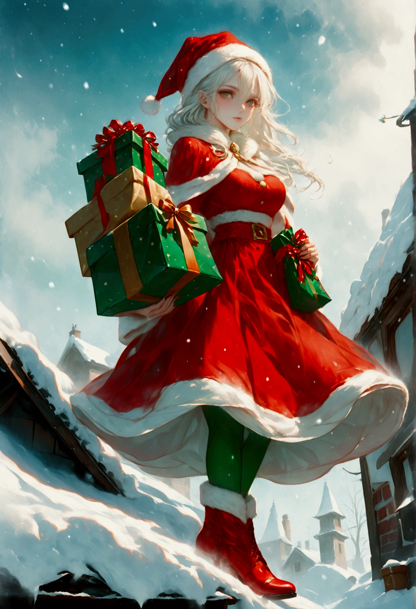 score_9, score_8_up, score_7_up, score_6_up, score_5_up, score_4_up, watercolor art of a most beautiful female Santa Clause carrying gifts, standing on roof in the snow, a beautiful female Santa Clause, white hair color, dynamic hair style, busty, wearing red dress, intricate dress, green cloak, green leggings, wearing red high heels boots,  fresh snow on the roof, high snow, High Detail, Ultra High Quality, High Resolution, 16K Resolution, Ultra HD Pictures, Ultra Realistic, Clear Details, Realistic Detail, Ultra High Definition, Cinematic Shot