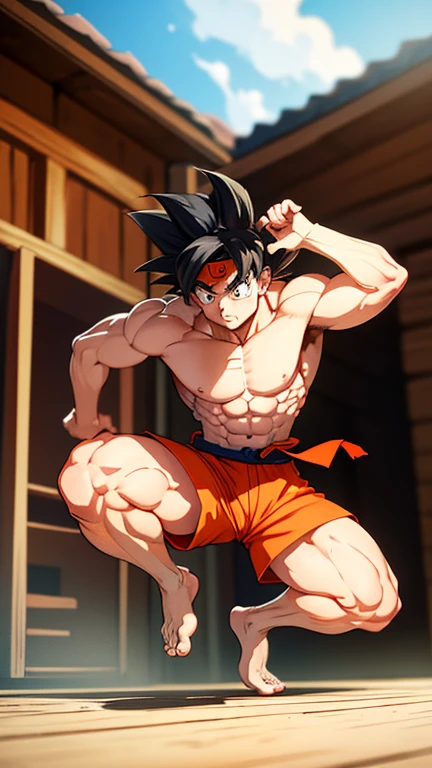 (Eine detaillierte Zeichnung von Son Goku, bodybuilding gym.), shirtless, barefoot
