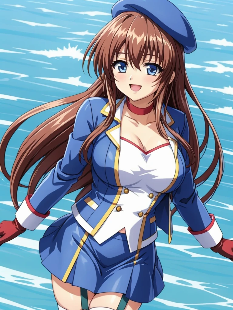 ((Please redeem, High resolution, Pixel perfect, 4K)), (Beautiful Anime Girls), Depth of written boundary, kanzaki_aoi, blue eyes, long hair, Brown Hair, BREAK, (Kantai Collection, beret, jacket, blue jacket, Long sleeve, gloves, Blue Skirt, thighhighs, Garter Straps), smile、Open your mouth、 On the Sea、 Dynamic pose,