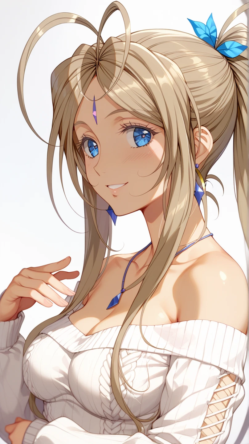 (Belldandy:1.25)、 1 woman、solo、 25 year old woman、Light brown hair、Shiny Hair、 side ponytail 、 Light Blue Eyes 、Glamorous eyes、 Beautiful Eyes 、 textured skin、The sweater that kills the journey、Fits your body、 high definition ,  Max Image、 top quality、 detailed details ,  hair ornament、Shiny Earrings、 Necklaces 、smile、front、( blur the background :1.25)、