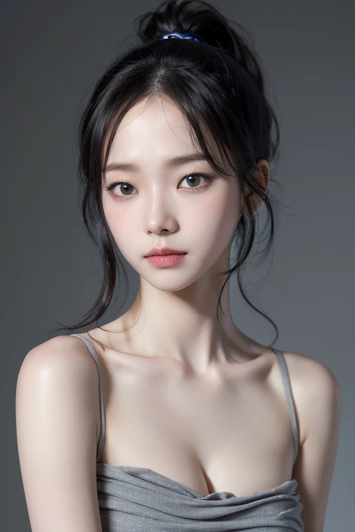 highest quality, masterpiece, Ultra-high resolution, (Realistic:1.4), RAW Photos, 1 -yeld gi simple gray background, ((Too much exposure、ballerina、I can see her cleavage)), Looking at the audience