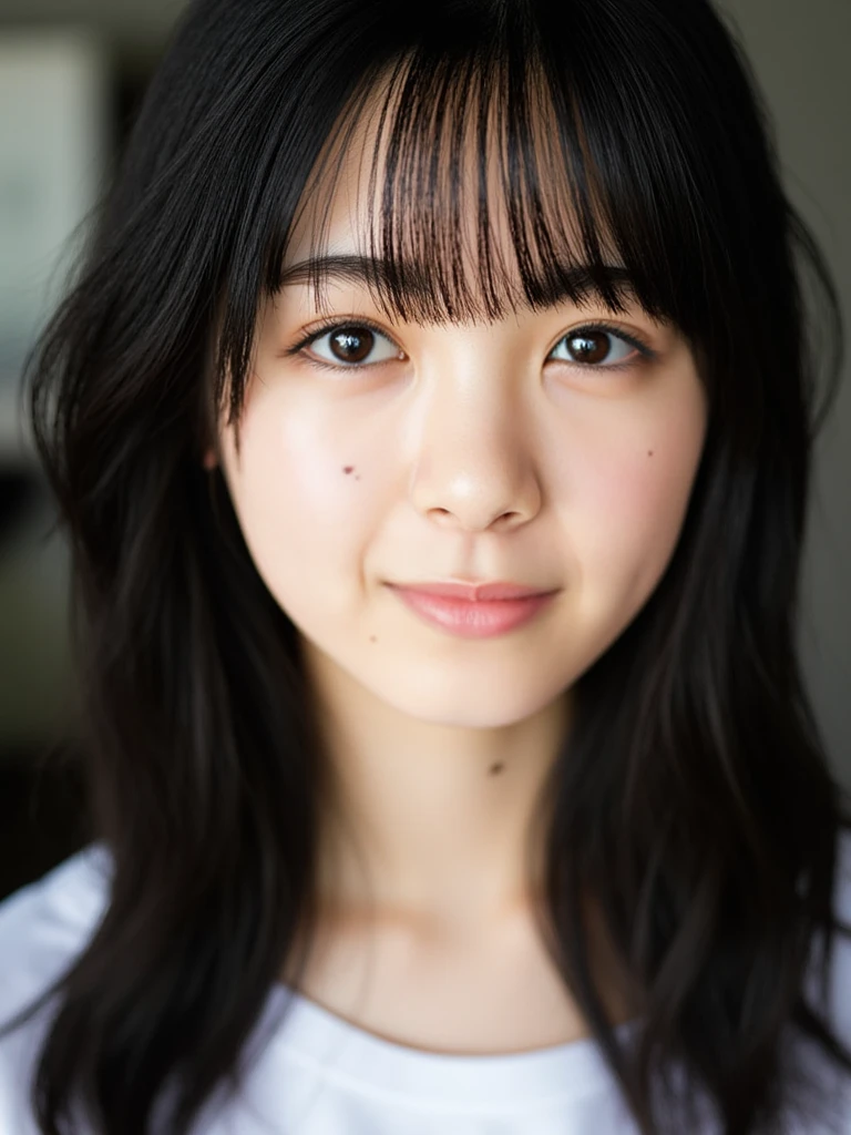 The image is a close-up portrait of a young woman named Ayame with long dark hair and bangs. She is looking directly at the camera with a serious expression on her face. Her hair is styled in loose waves and falls over her shoulders. She is wearing a white shirt. She has a slight smile on her lips and her eyes are a piercing blue. The background is blurred, making the focus of the image the woman's face the focal point. ショートカット, 大きな胸, 