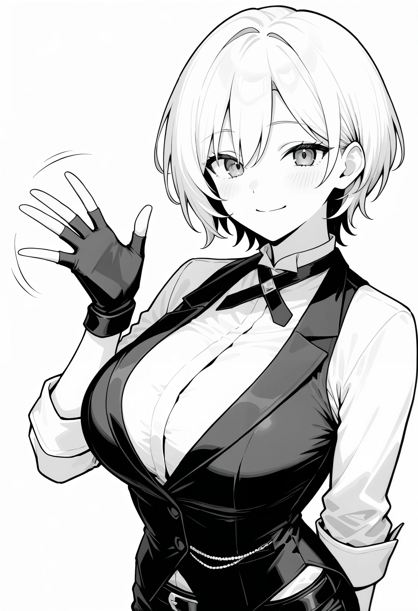 1girl. An illustration of a girl with short hair. She is wearing a shirt and waistcoat and pants. She smiles and waves to her friends. grayscale, upper body, looking at viewer, white hair, short hair, large breasts, shirt, waistcoat, pants, fingerless gloves, standing, waving, light smile, white background, masterpiece, best quality, very aesthetic, absurdres