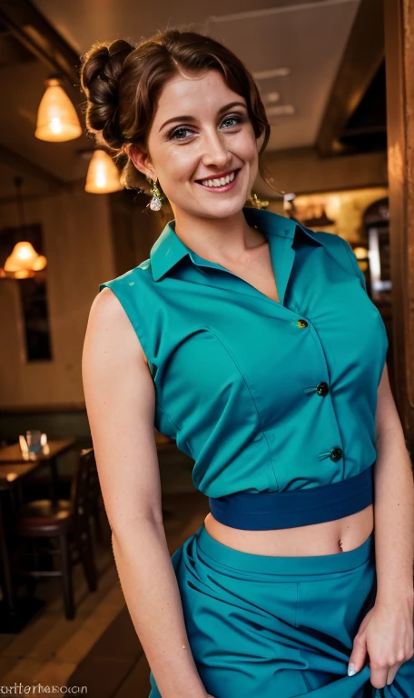 a waitress, her intestines are getting pulled out by an anal pump, dark blue peplum top, updo, eye contact, looking directly at viewer, indoors, restaurant, dress slacks, blue-green eyes, anal prolapse