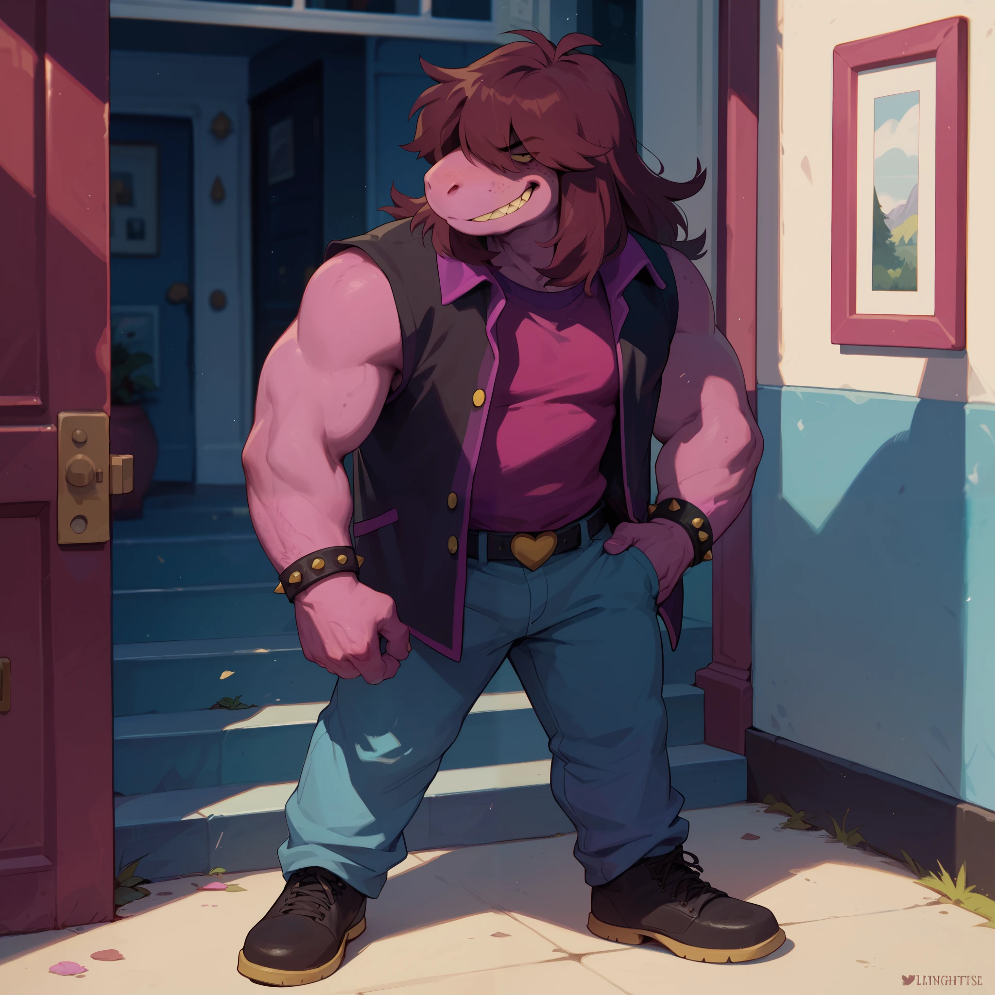 (lightsusie:1.2), susie, susie deltarune, male, anthro, solo, facing viewer, smirking, full body, standing, casual pose, 