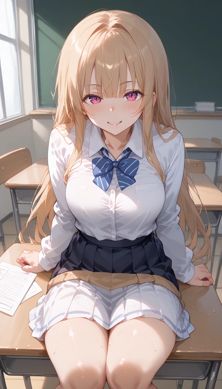 An anime girl with big boobs is sitting at her study desk, a hyper現実的な high school girl, hyper現実的な high school girl, 現実的な high school girl,  sexy anime girl,  Fleet Collection Style , かわいい high school girl, Naughty, [ 4k digital art ]!!,  high school girl, , Naughty anime style, beautiful anime high  high school girl,clothed