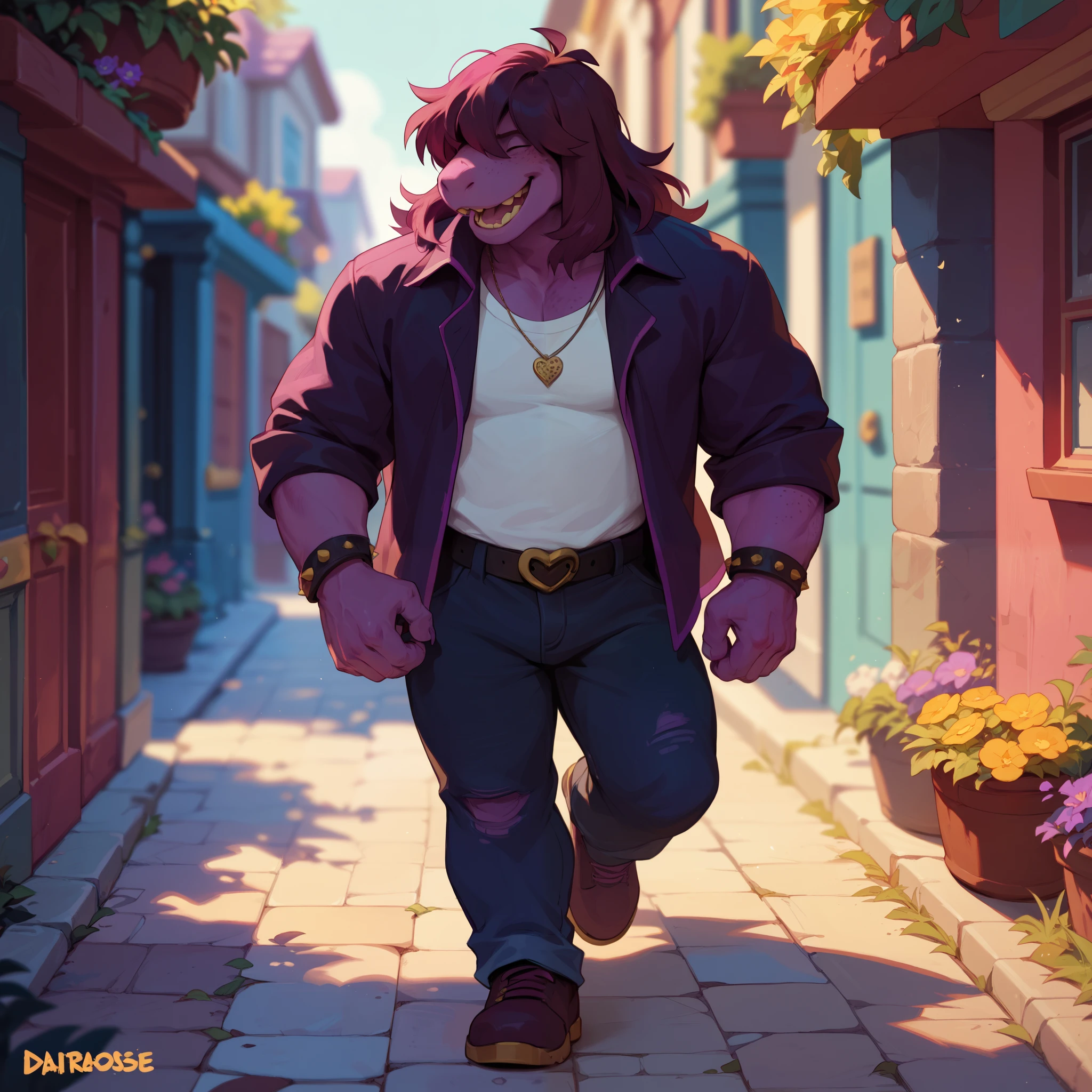 (darksusie:1.1), susie, susie deltarune, male, anthro, solo, facing viewer, laughing, full body, standing, casual pose, 