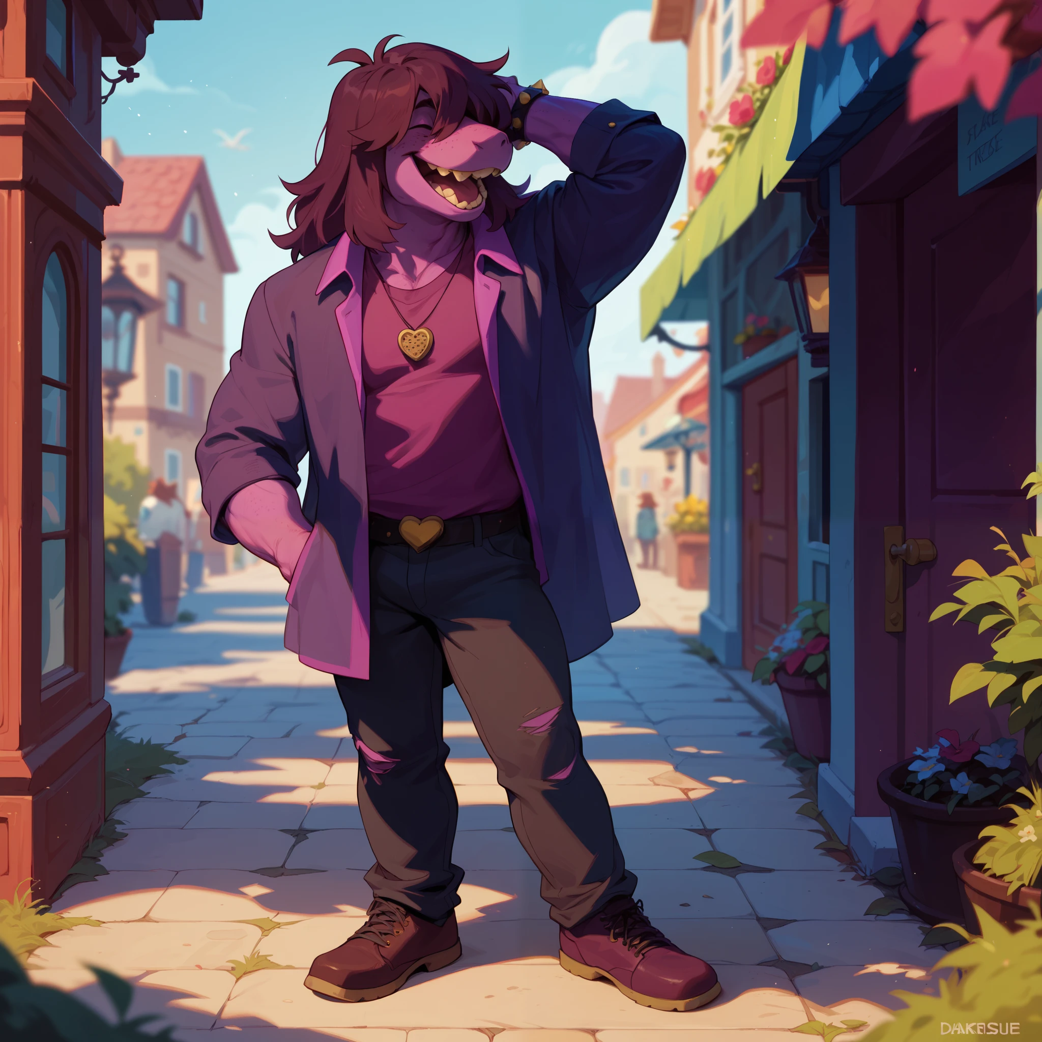 (darksusie:1.1), susie, susie deltarune, male, anthro, solo, facing viewer, laughing, full body, standing, casual pose, 