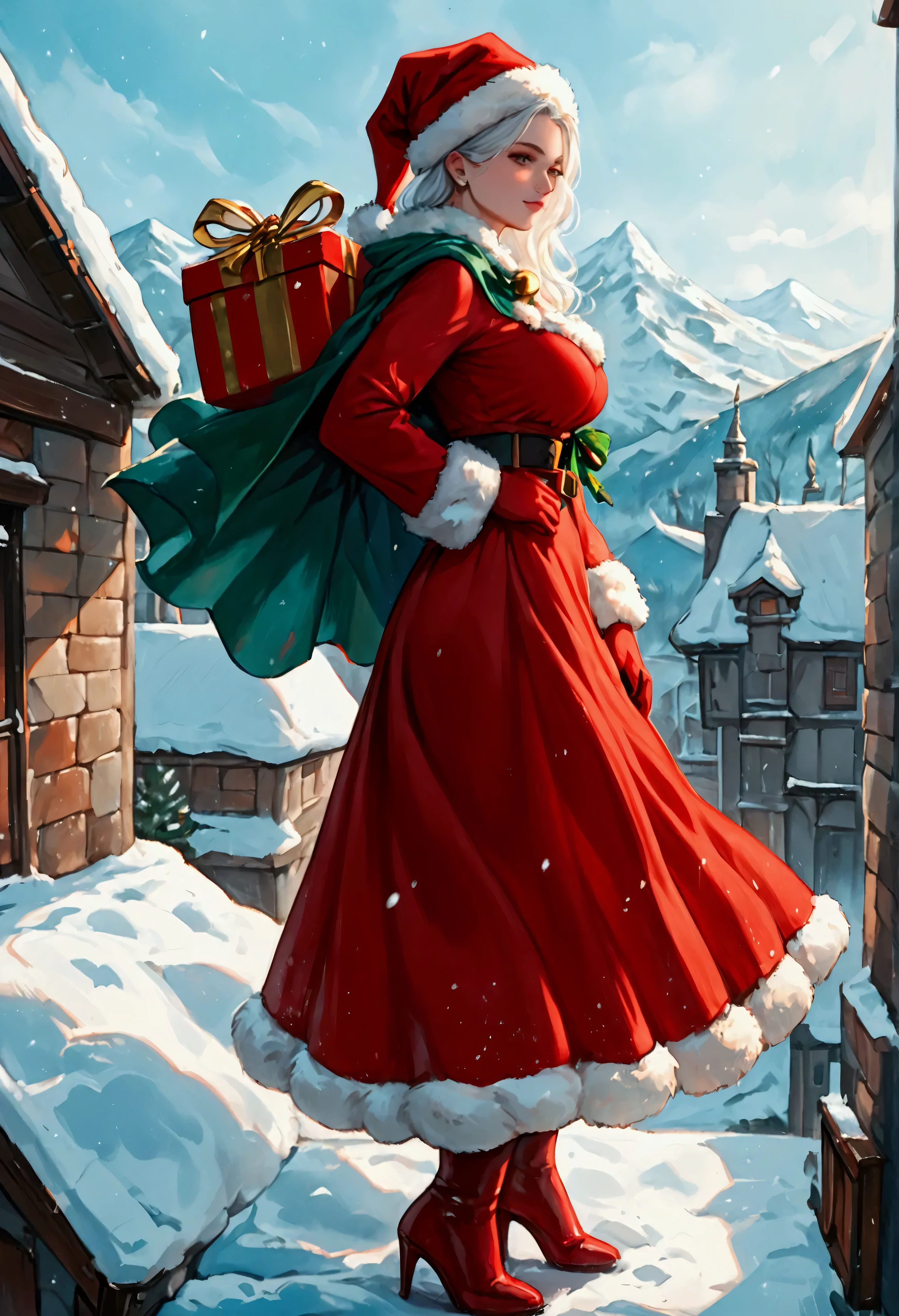 score_9, score_8_up, score_7_up, score_6_up, score_5_up, score_4_up, watercolor art of a most beautiful female Santa Clause carrying gifts, standing on roof in the snow, a beautiful female Santa Clause, white hair color, dynamic hair style, busty, wearing red dress, intricate dress, green cloak, green leggings, wearing red high heels boots,  fresh snow on the roof, high snow, High Detail, Ultra High Quality, High Resolution, 16K Resolution, Ultra HD Pictures, Ultra Realistic, Clear Details, Realistic Detail, Ultra High Definition, Cinematic Shot