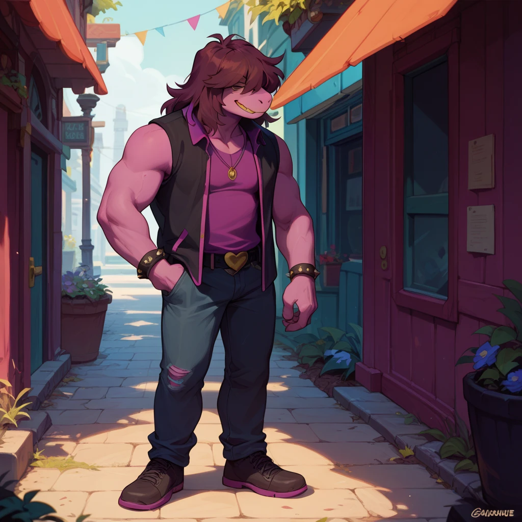 (lightsusie:1.2), susie, susie deltarune, male, anthro, solo, facing viewer, smirking, full body, standing, casual pose, 