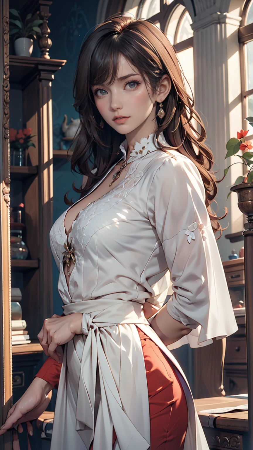 An Beautiful woman, cute,,sexy, mature girl,  super long suckable droopy tits:1.6, (Big natural Breasts), torpedo, white top, very big puffy nipples  Side boob, long Hair, like a school girl, loop earrings, hair bunches, cute hair, rosey cheeks, in a vibrant, rustic setting. The woman has a braided hairstyle , ((she is wearing a colorful  traditional dress with a white blouse and a patterned skirt)), ((see_through dress)) She holds a purple and white striped cloth above her head, with a playful expression on her face. The background features a lush garden with blooming roses and a flowing water fountain. The painting captures a moment of freshness and vitality, with intricate details on the woman's attire and the surrounding flora. The style is reminiscent of Eugene de Blaas, with a focus on realism and rich color palette.





