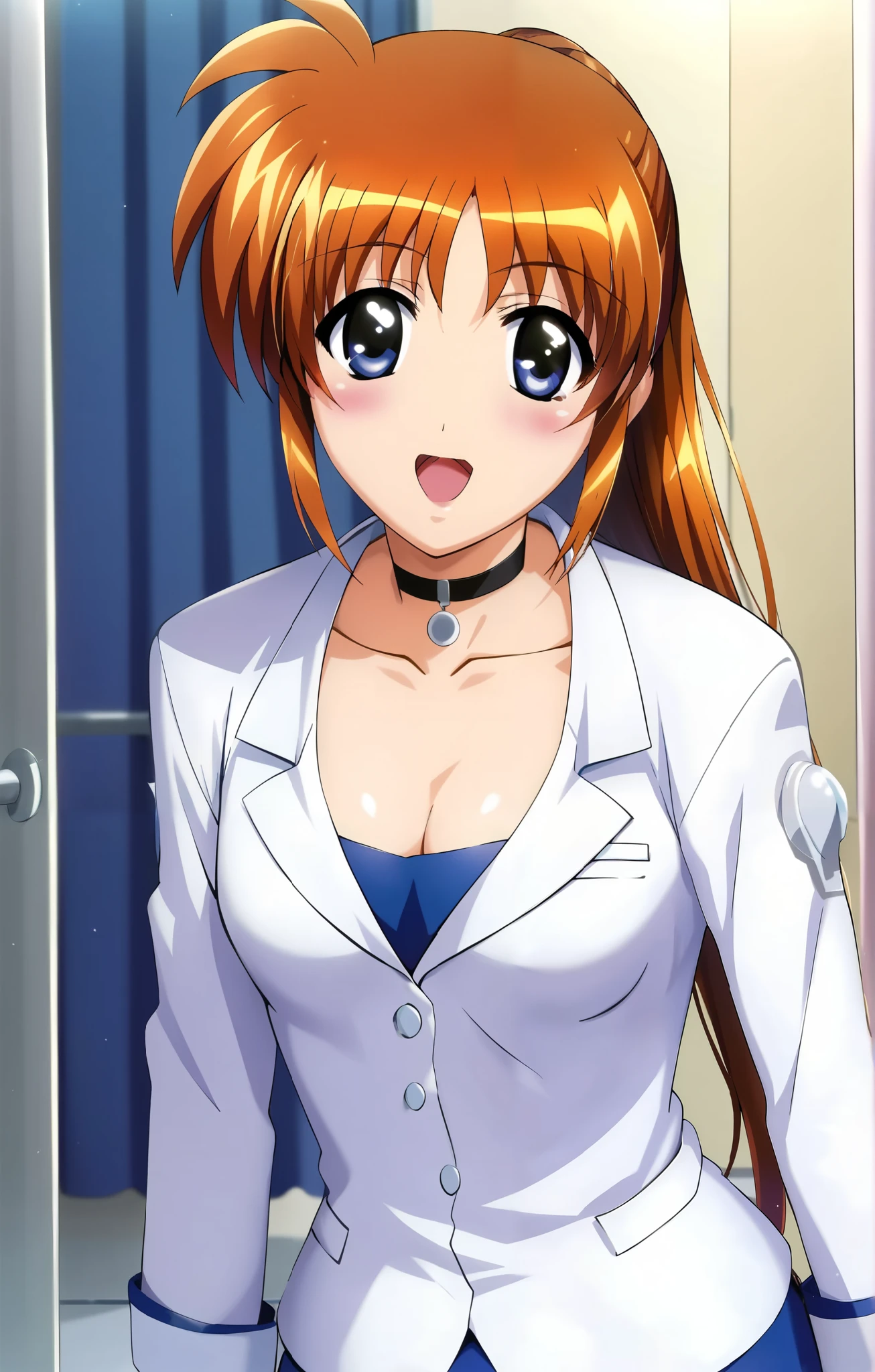 Nanoha, (cowboy shot), ( slender ), ( shy :1.2), (Red cheeks:1.2), ( cleavage), ( small breasts), (Female doctor:1.2), ( Sexy Poses :1.2), (Private room), (hospital:1.2), (night:1.3),  score_9,  score_8_superior,  score_7_superior,  source_anime, (best quality:1.2), 細部までこだわったanime, masterpiece,  high quality , full color, 8k,  high definition , In detail,  fine texture,  high contrast,  natural makeup,  front light , nsfw