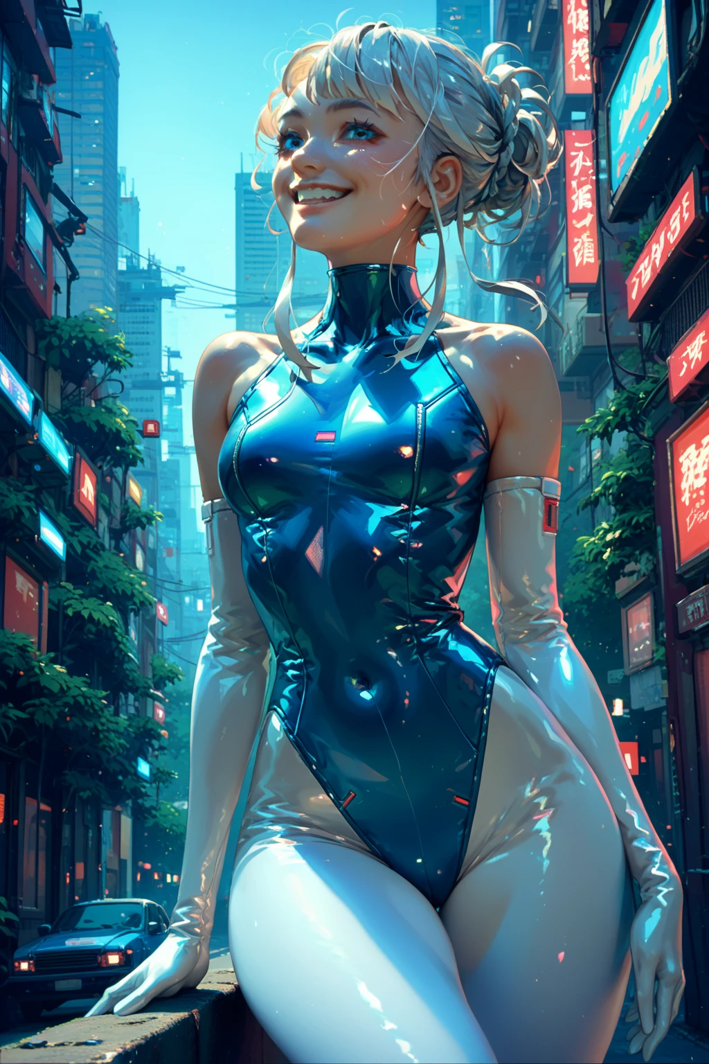 (full body:1.2), adult, large breasts, woman, wearing lgdress_1, one shoulder short white dress, unique, avant-garde silhouette, metallic sheen,large crystal embellishments adorning the dress from the waist and shoulders, gloves, hair decoration, A sleek, contemporary penthouse suite, boasting panoramic views of the city skyline, high heels