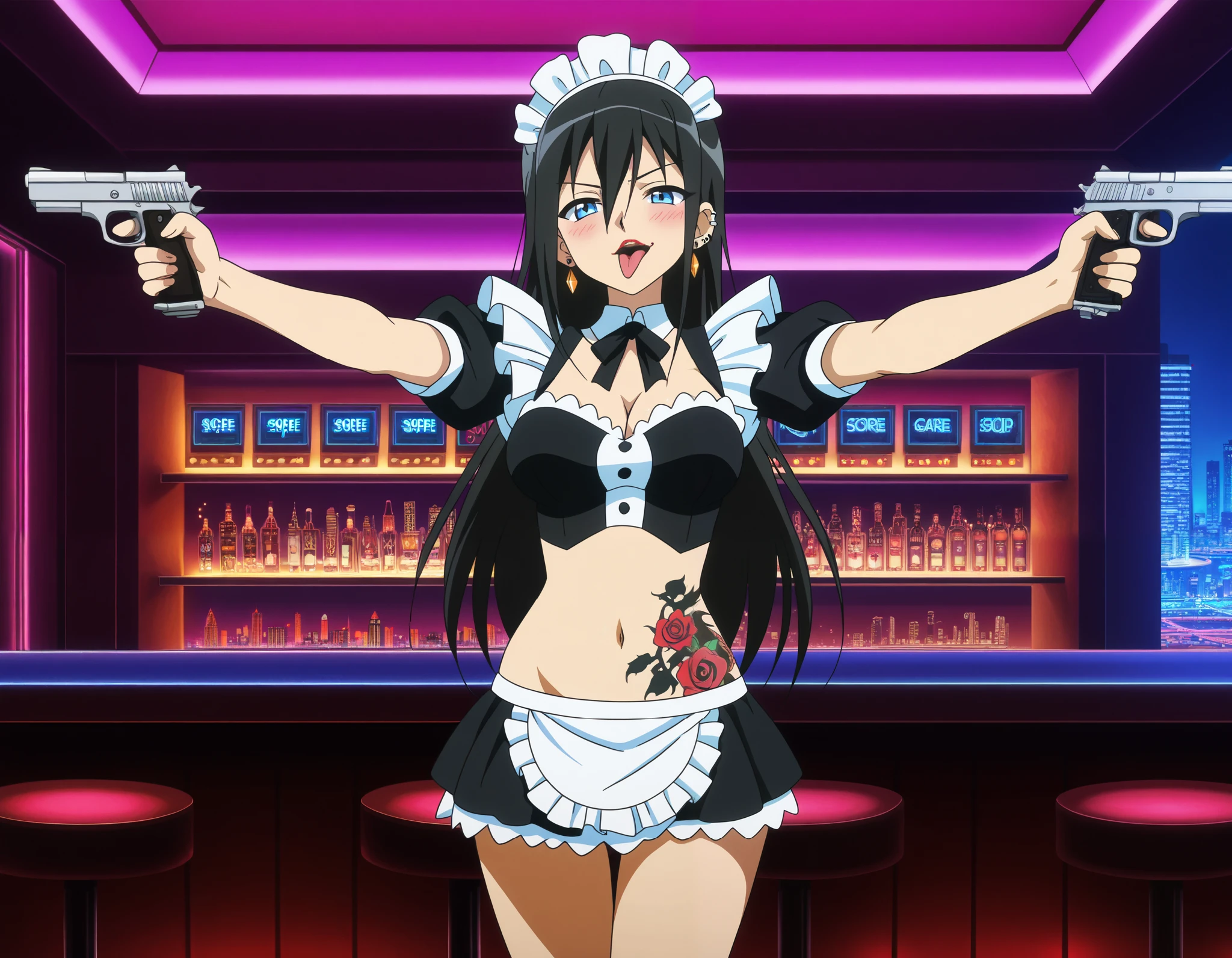 asuka tanaka, long hair, black hair, blue eyes, hair between eyes, ear piercing, long hair, blush, lipstick,Hot girl, baddie, smoking, sensual, attractive ,bar background, inside bar,indoors, nightclub, bar, indoor, cityscape, building, city lights, jewelry, earrings, complex detailed background, casino environment, fancy interior environment, rich
interior, masterpiece, best quality, highly detailed, a anime girl in maid uniforms, holding pistol, maid
outfit, cleavage, evil smile, smile, open mouth ,ecchi anime style, anime girls, ecchi style, ecchi, digital
anime art!!, in anime style, official artwork, (nsfw) not safe for work, beautiful anime maid girl, anime
style 4 k, micro skirt, exposed belly, exposed navel, exposed midriff, exposed lower belly, holding a gun,, dragon tattoo, tattoo midriff, rose tattoo, open arms sideway, arms T-pose, smirk, standing, anime girl T posing, , tongue out,