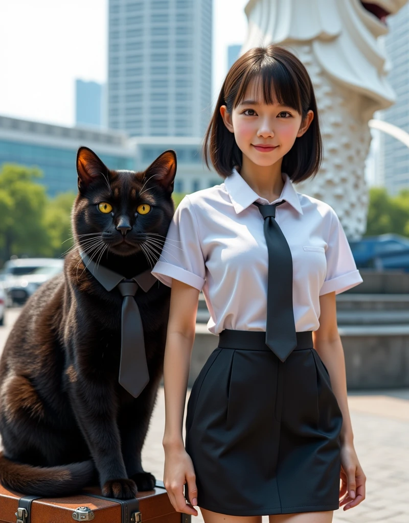 ultra-realistic, photorealistic, dramatic scene, shadow, global-illumination, solo, (teenage Japanese girl:1.5), very beautiful fragile Japanese girl, very beautiful with very cute but boyish cool face, (very large breasts), slim waist, (wearing a Singaporean office worker's elegant summer uniform:1.2), (very large breasts), She leads a human-like giant black cat around the Merlion in Singapore, the cat is on a suitcase, the cat looks gentleman only wearing a necktie, Wonderful Bay Area views from Merlion Park with Merlion, she shows gentle smile