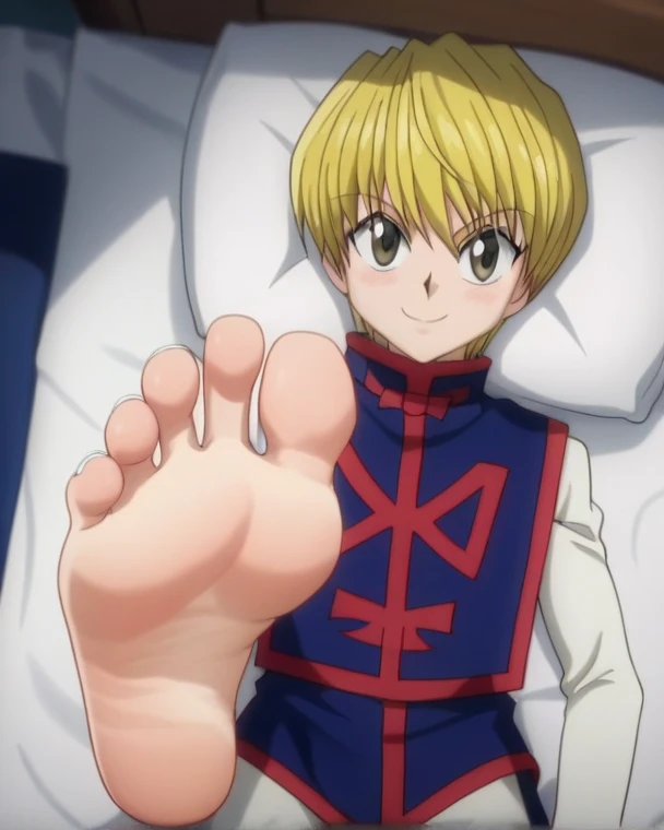 Score_9, score_8_up, source_anime, 1boy, Kurapika, Hunter x Hunter, big eyes, smile, blush,blue tabard decorated with a red-colored hem, White long-sleeve shirt,white long pants, alone, looking at viewer, from above, lying on the bed, in his bedroom, seductive, night, cowboy shot, ANIME SCREENCAP, anime coloring, barefoot, perfect feet, anatomically correct, soles, focal length 35mm, each foot has five toes, front, symmetrical soles, foot focus, white nail polish, 