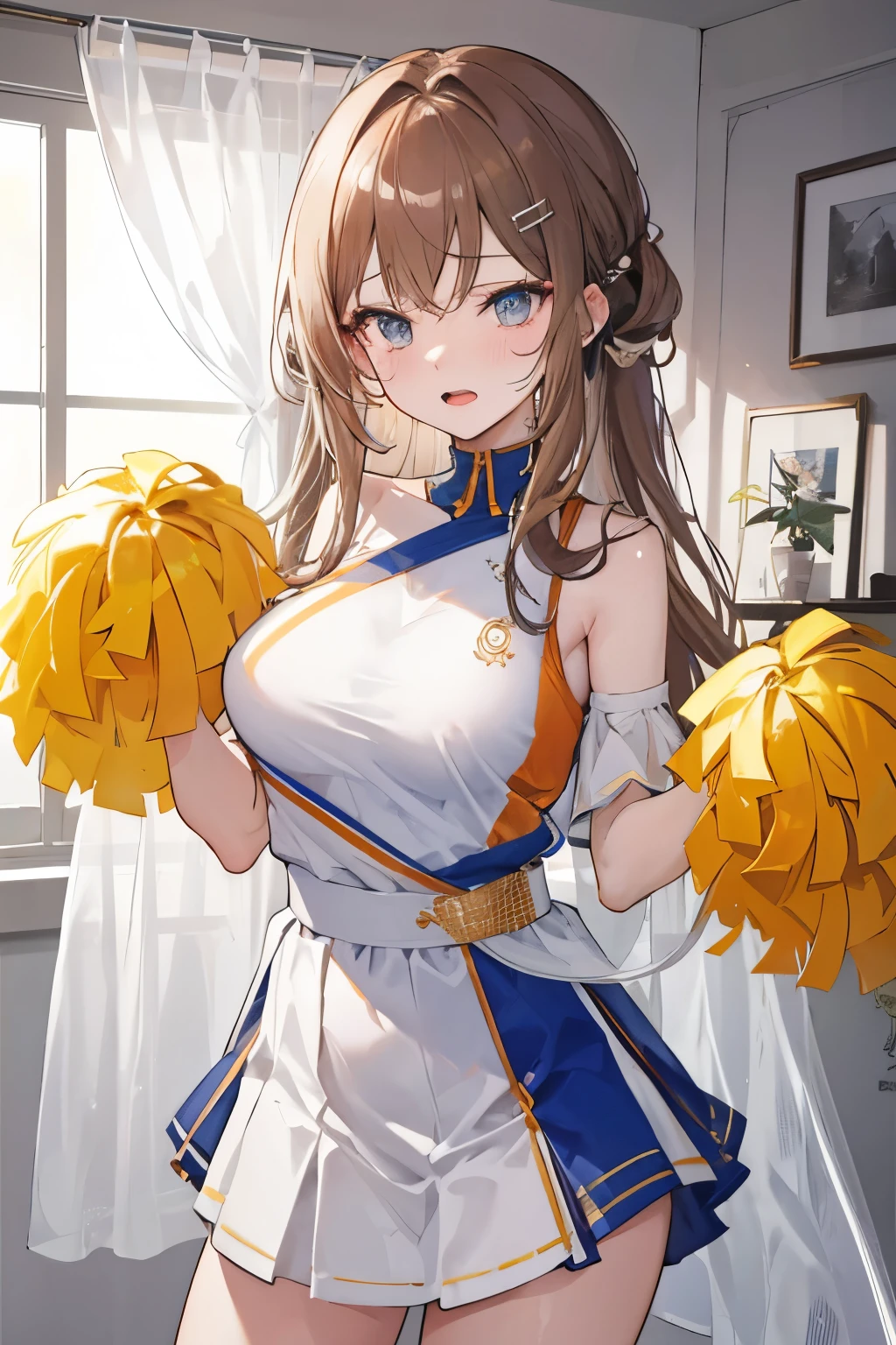 solo girl, 20 years old,cowboy shot,blunt bangs,very short hair,brown hair,purple eyes, medium breast,head tilt, laugh,happy,cheerleader,white clothes,blue sky,sunlight,insanely detailed, absurdres, ultra-highres, ultra-detailed, best quality, slender, kawaii, perfect symmetrical face, ultra cute girl, ultra cute face, ultra detailed eyes, ultra detailed hair, ultra cute, ultra beautiful,masterpiece,incredibly absurdres,high detail eyes