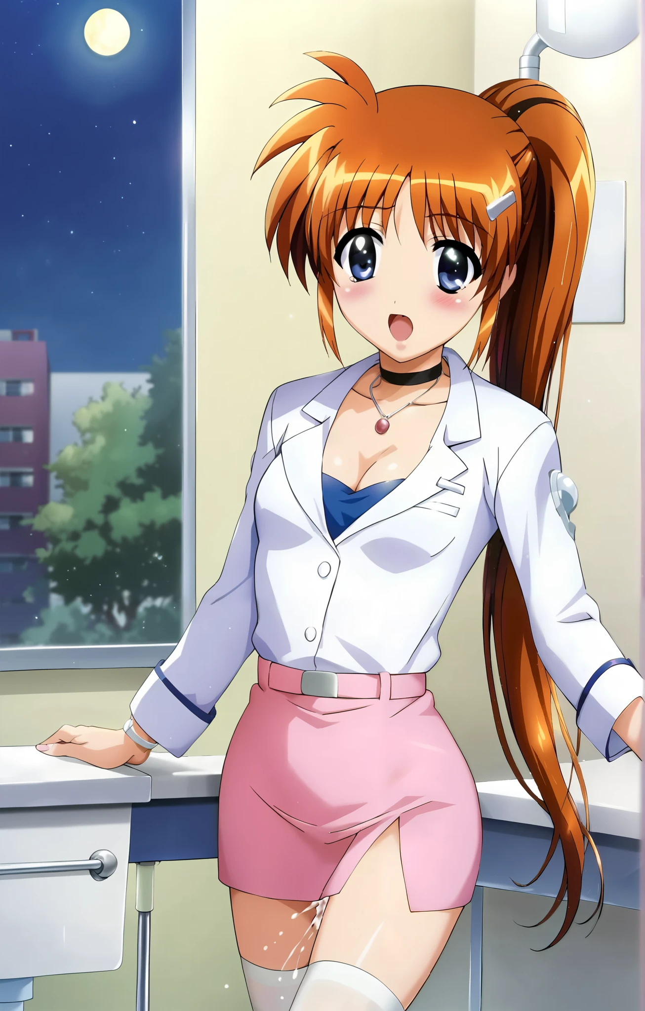 Nanoha, (cowboy shot), ( slender ), ( shy :1.2), (Red cheeks:1.2), ( cleavage), ( small breasts), (Female doctor:1.2), ( Sexy Poses :1.2), (Patients are asked to have sex:1.3), (orgasm:1.2), (Private room), (hospital:1.2), (night:1.3),  score_9,  score_8_superior,  score_7_superior,  source_anime, (best quality:1.2), 細部までこだわったanime, masterpiece,  high quality , full color, 8k,  high definition , In detail,  fine texture,  high contrast,  natural makeup,  front light , nsfw