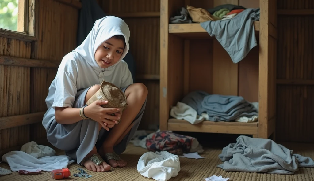 ((ultra-realistic photo)) [A 19-year-old Indonesian girl with a beautiful, face is crying with teary, glassy eyes and visible tears streaming down her cheeks. She wears a white hijab and a traditional high school uniform—a white blouse and gray skirt. Sitting crouched on a simple bamboo floor, she holds a worn brown tin can tightly in her arms, as if it holds deep emotional value. The room around her is messy, with scattered clothes and items lying haphazardly on the floor. In the background, a shabby wooden wardrobe stands open, its contents spilling out in disarray, adding to the sense of neglect. The walls, made of woven bamboo, enhance the rural, modest setting. The soft, diffused light filtering through the room highlights her tear-streaked face and the chaotic environment. The composition is captured in a medium-close shot, rendered in ((8K HDR)), with intricate details of her expression, the textures of the bamboo walls, and the mess surrounding her, evoking a poignant and realistic scene.]