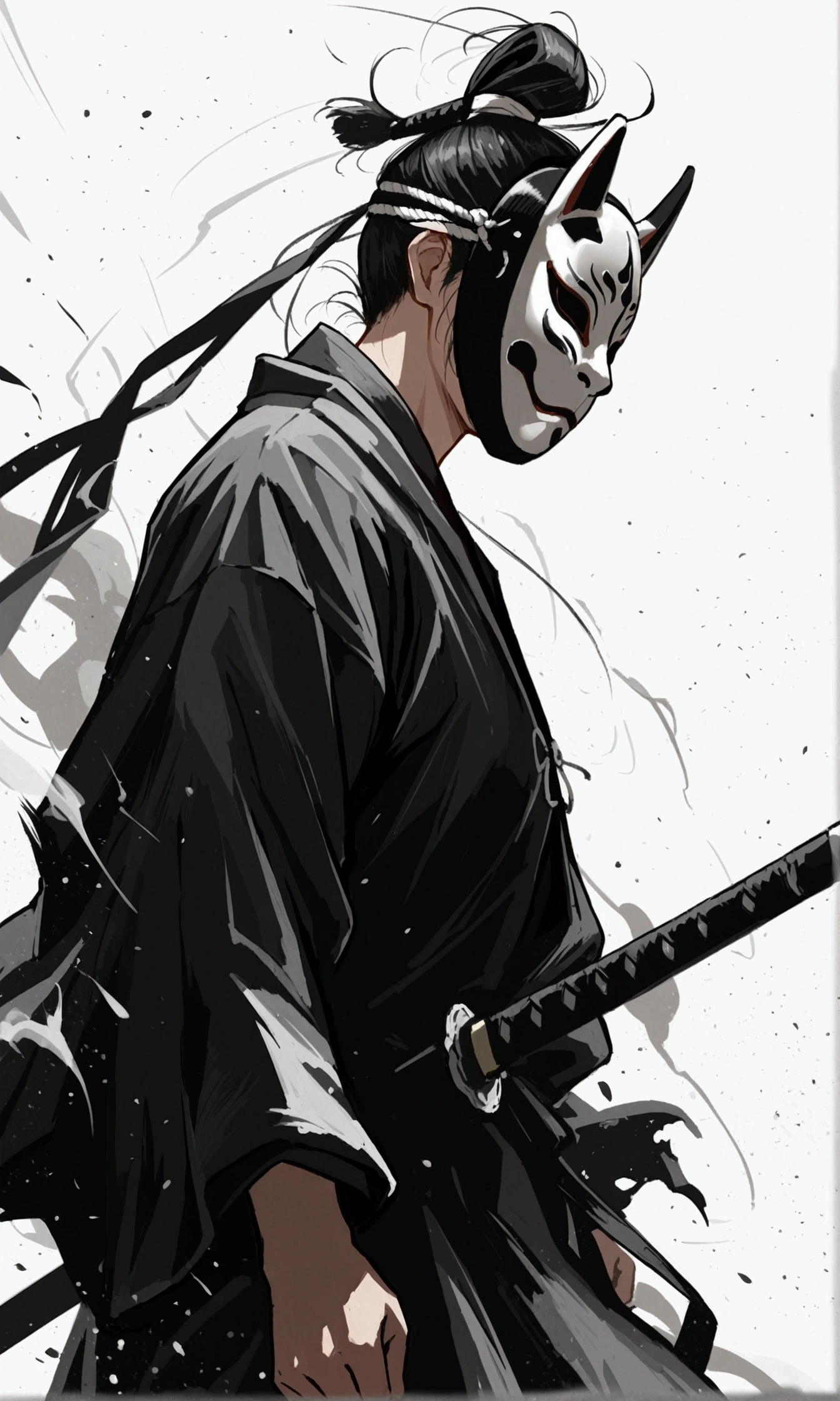 masterpiece, black and white style, only use two-color abstract painting in black and white, anatomically correct,upper body,a monk warrior in simplified robes, wearing Yasha mask inspired by Noh masks, he is staring at the viewer,He is facing the front,he has just only one big Naginata, he is swinging down 1 massive Naginata dynamically,from below,focus on his face,Slow Motion ,motion blur,Lots of white space,a dark, minimal background emphasizing stark contrasts,subtle dusty particles in the air,a little horror essence,minimalist