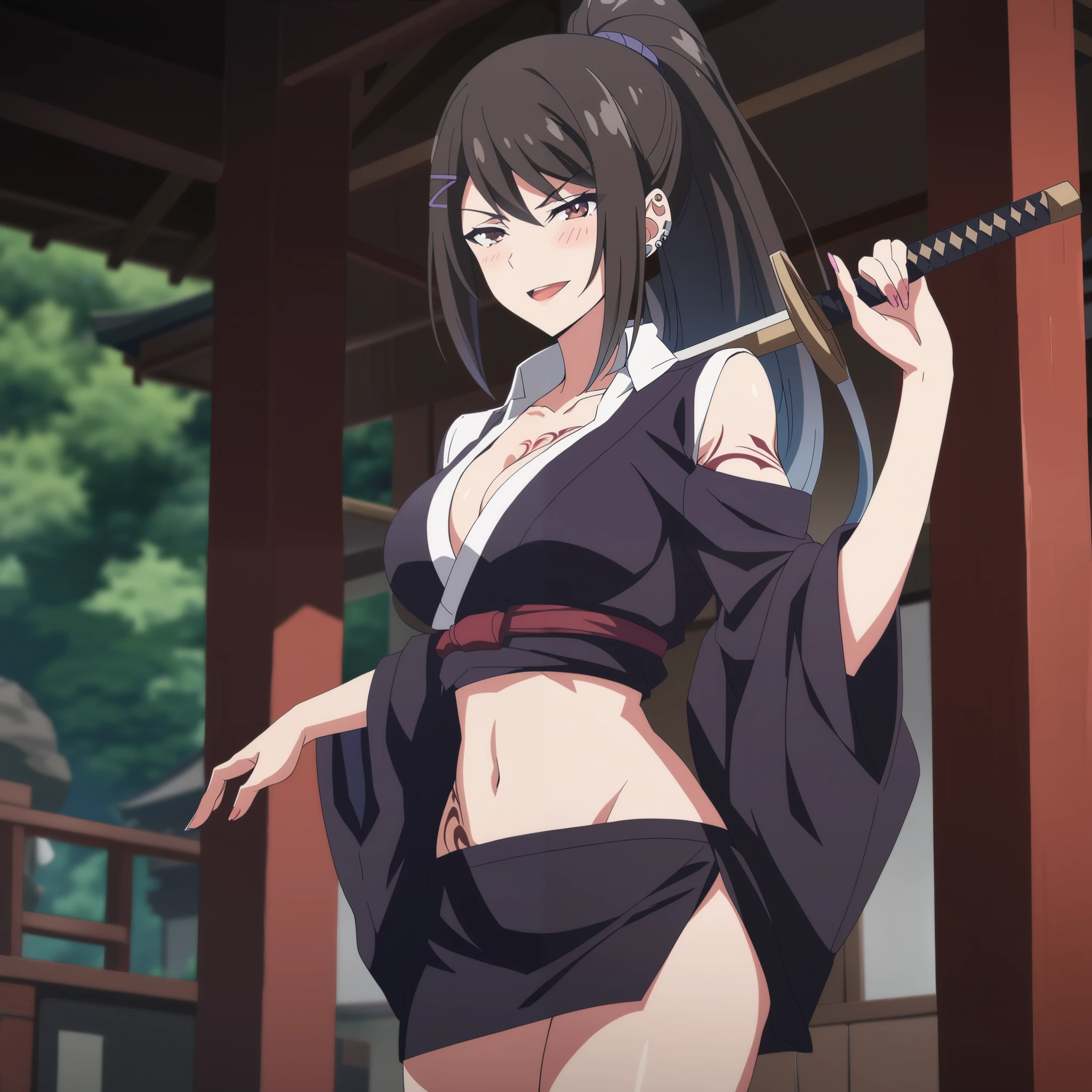 chabashira, 1girl, ponytail, black hair, blush, lipstick,  ear piercing, long hair, blush, lipstick,Hot girl, baddie, smoking, sensual, attractive, masterpiece, best quality, highly detailed, a anime girl in kimono dress ,holding sword, bare
shoulder,open kimono, evil smile, open mouth, crop top , (nsfw) not safe for work, smile, ecchi anime
style, anime girls, ecchi style, ecchi, digital anime art!!, in anime style, official artwork, visual novel cg,
beautiful anime girl, anime style 4 k, kimono pencil skirt, exposed belly, exposed navel,
exposed midriff, exposed lower belly, outdoor, japanese architecture, temple,, tattoo on body, tattoo midriff, rose tattoo, , shiny skin, 