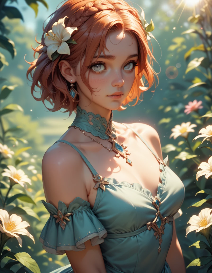 Cute woman in the drizzle, (elegant, Beautiful Face), Transparent white dress, Forest Moss, (freckles:0.8), Flower Field, , Curly Red Hair, Magical atmosphere, (short hair), ((Detailed skin, Skin Texture)), Ultra-detailed, (Exquisitely crafted, Fine details, Ultra-detailed), Ray Tracing, Scattered beneath the surface, (Fantasy underworld in the background), Diffused and soft lighting, Shallow depth of field, by (by Oliver Wetter), Sharp focus blur, (Realistic photo quality:1.4)