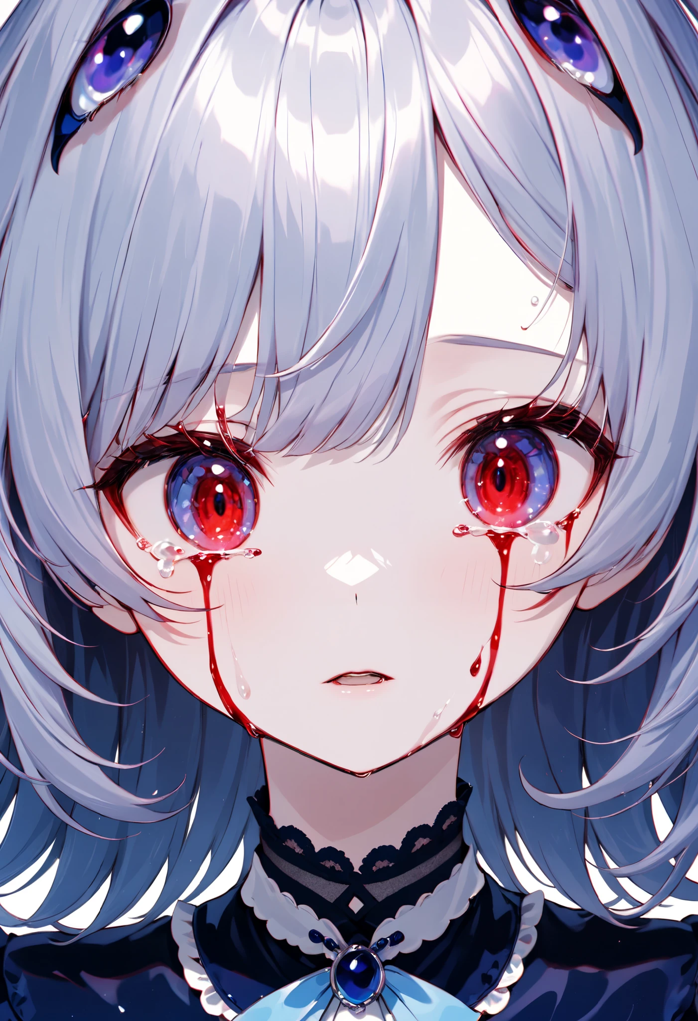 Shiny dark blue and dark red liquid, In the style of Glitchcore, rococo pastel, Light silver and dark blue, Y2K aesthetics, swirling vortexes, iris/milky, Emotional metaphorical distortion, swirls in eyes, red and dark blue eyes, girl tears, red tears, interesting hairstyle, wavy hair, 1 girl