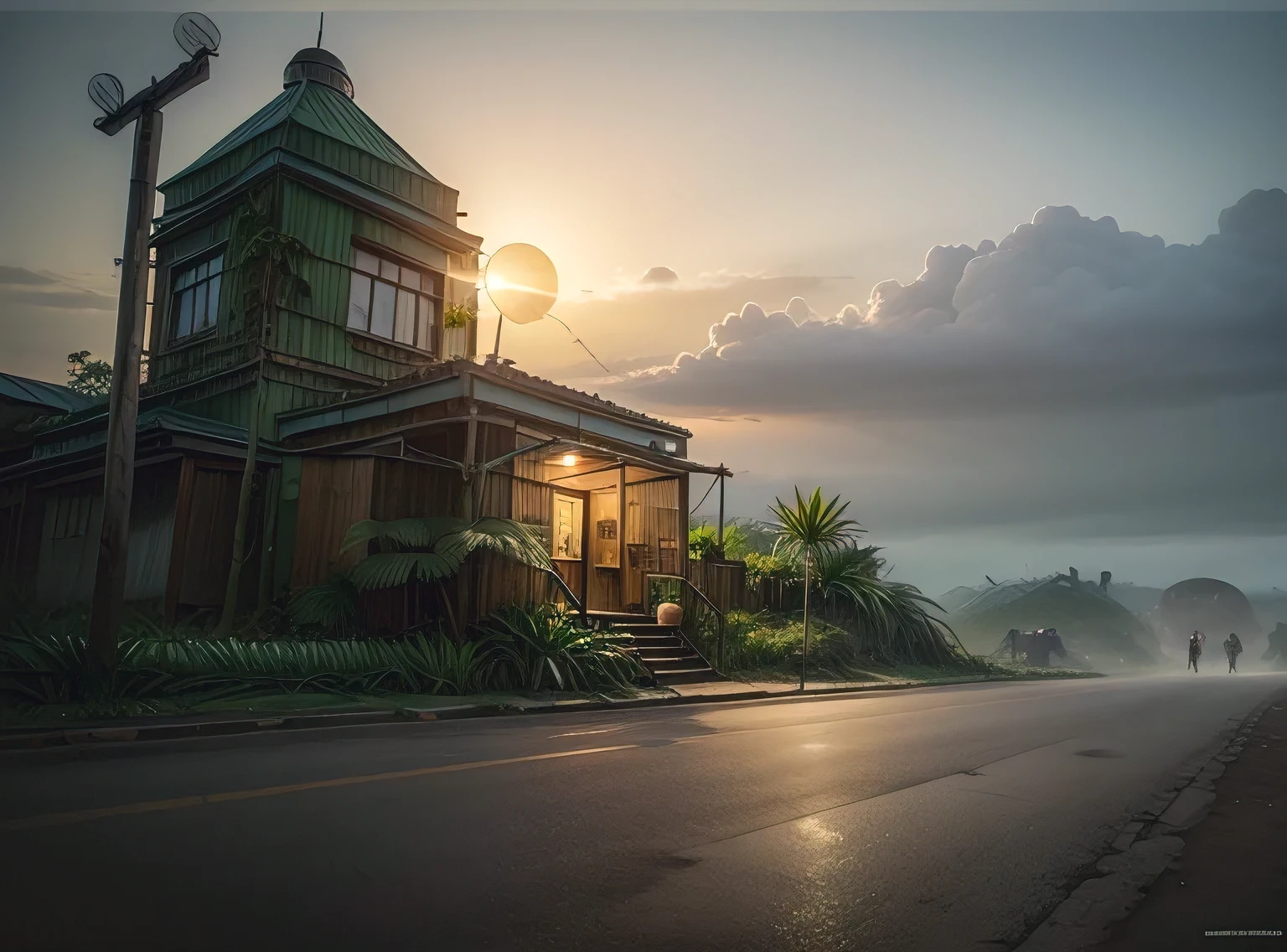 There is a man walking down the street in front of a house - SeaArt AI