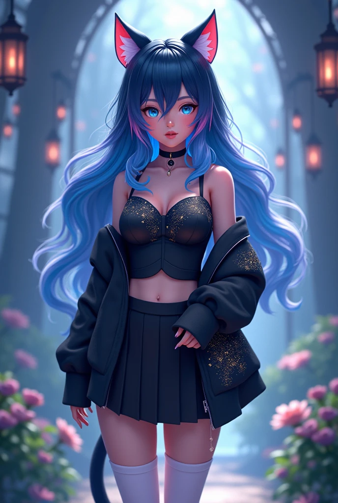 A woman with black skin color, feline style, fantasy and mystical, 3d image, アニメ, with feline eyes with long wavy hair of a mixed blue color and with panther ears wearing a black jacket with a short blouse printed with shiny stars and a short black pleated skirt , white knee-high socks and black high heels