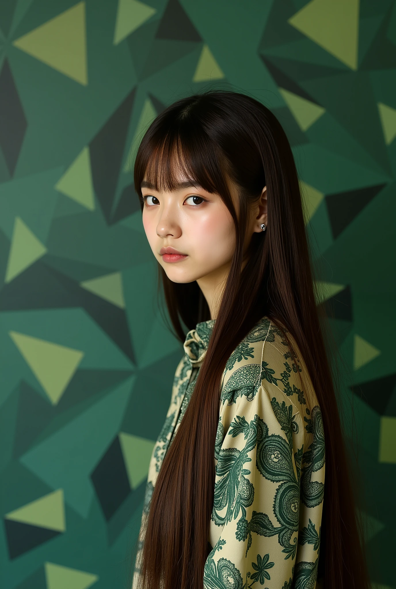 Geometric background :1.3、   dark color、  cute girl、 brown hair、(((Straight perm、bangs、   straight hair:1.37、  long straight hair )))、  very long hair 、   Look Away 、Printed shirt、 Picasso painting t-shirt 、  Loose clothing  、top quality、  super detailed、 High quality details 、green