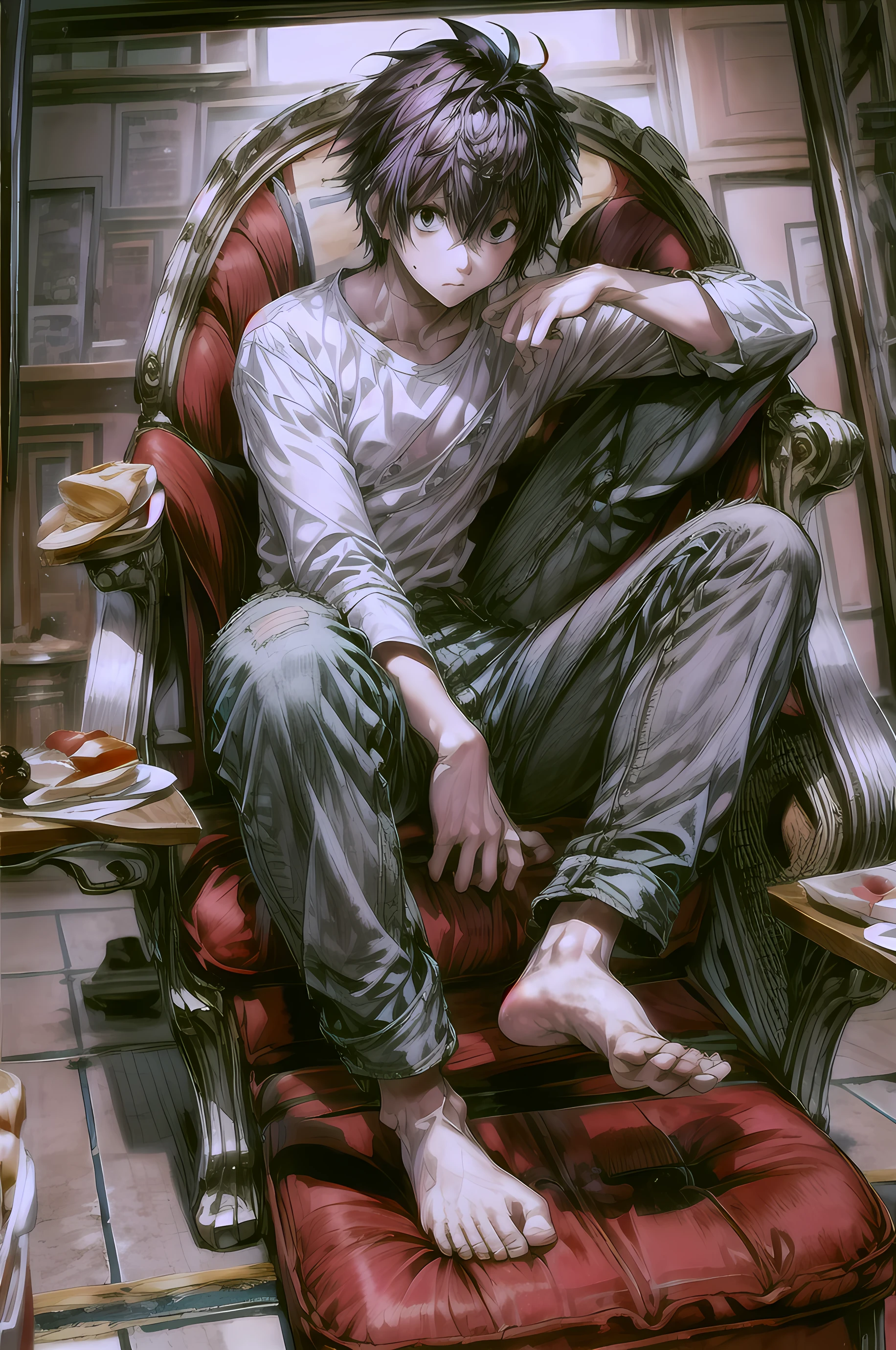 ( masterpieces during breakfast , top quality, Details), purple hair、1 person, , viewers, whole body, indoor, sitting, Raise your knees, Yuri, white shirt, jeans, barefoot, dynamic pose