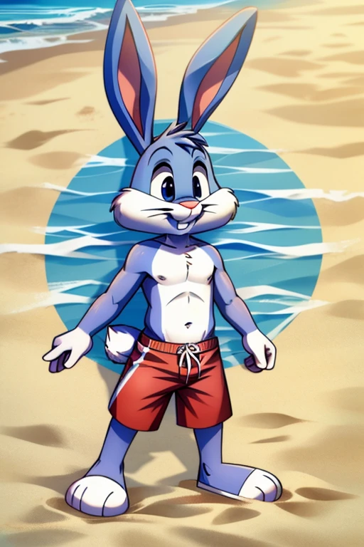 Cartoon rabbit in swimming trunks on the beach