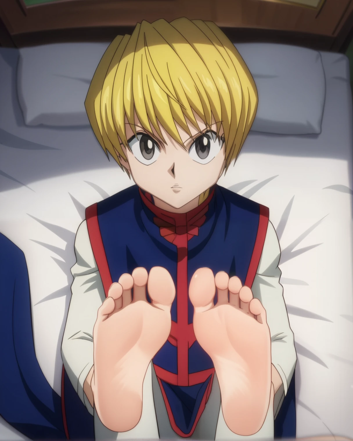 Score_9, score_8_up, source_anime, 1boy, Kurapika, Hunter x Hunter, big eyes,blue tabard decorated with a red-colored hem, White long-sleeve shirt,white long pants, alone, looking at viewer, from above, lying on the bed, in his bedroom, lifting legs to show his soles, night, cowboy shot, ANIME SCREENCAP, anime coloring, barefoot, perfect feet, anatomically correct, soles, focal length 35mm, each foot has five toes, front, symmetrical soles, foot focus,