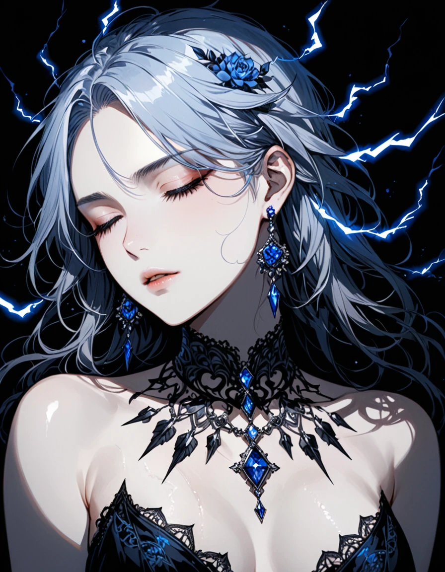 (in style of Harry Clarke:0.8),in style of Santiago Caruso, 
1girl,black background，Lying down，Close your eyes，Gray blue hair，Messy soft hair，Bare shoulders，（Blue flower tattoo on shoulder,Gorgeous and exquisite tattoo)，necklace，Diamond blue gemstone earrings，Black shirt，
BREAK
(((black)))，(((dark)))，(((Low-key light)))，(((dark art)))，(((Blue lightning effect)))，Portrait close-up，
BREAK
textured skin,textured skin,textured skin,super detail,best quality,highres,masterpiece