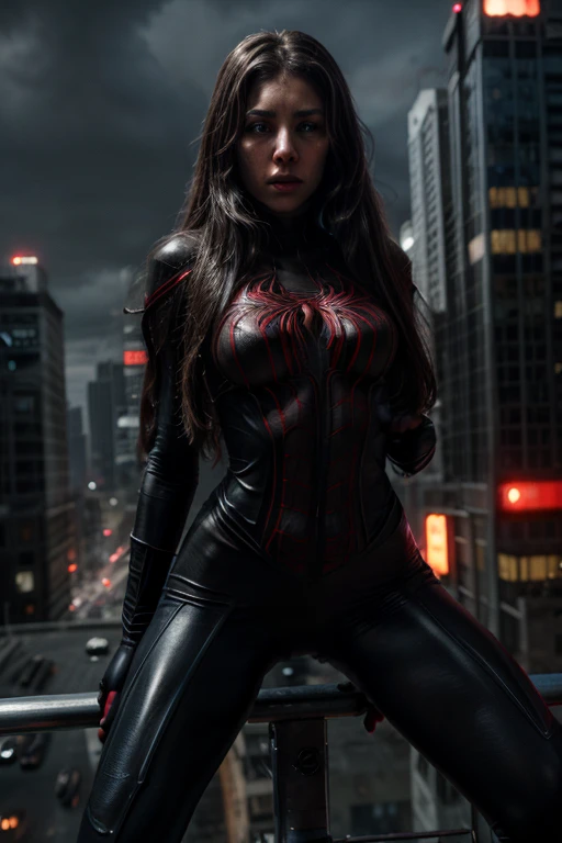 a beautiful spiderwoman with long hair and detailed eyes, wearing a tight bodysuit, riding a giant spider, superhero, dark dystopian city background, cinematic lighting, dramatic composition, moody color palette, high detail, photorealistic, 8k