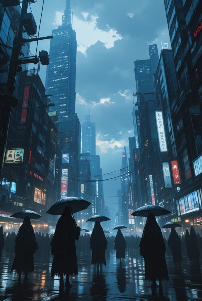 a rainy city, a bustling urban scene with rain falling, skyscrapers and buildings, black shadowy ghosts walking with umbrellas, reflections of lights on the wet pavement, moody and atmospheric lighting, gloomy cloudy sky, cool color tones, depth of field, cinematic composition, anime style, 8k, highly detailed, photorealistic, masterpiece, lyh_niji,
lyh