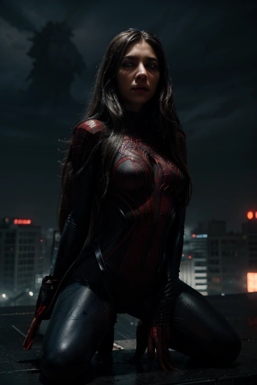 a beautiful spiderwoman with long hair and detailed eyes, wearing a tight bodysuit, riding a giant spider, superhero, dark dystopian city background, cinematic lighting, dramatic composition, moody color palette, high detail, photorealistic, 8k