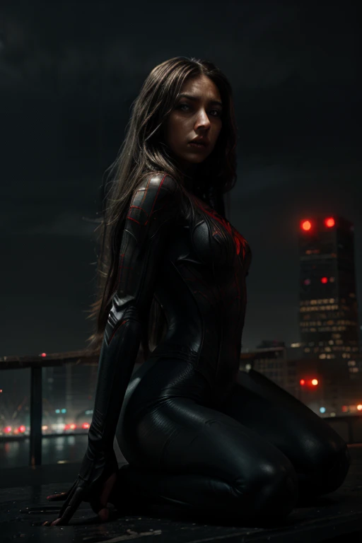 a beautiful spiderwoman with long hair and detailed eyes, wearing a tight bodysuit, riding a giant spider, superhero, dark dystopian city background, cinematic lighting, dramatic composition, moody color palette, high detail, photorealistic, 8k