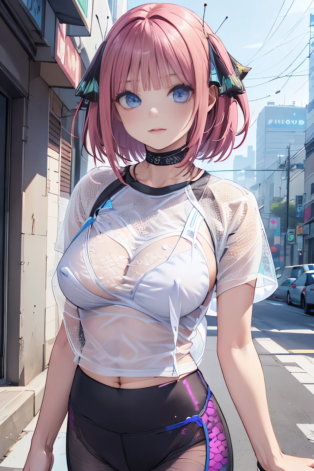 Optimal，masterpiece， high definition ， top quality，Hyper HD， super detailed，Awards，16k，Alone，（ upper body）， See Correct Anatomy ， A Beautiful Cyberpunk Girl， cowboy shooting、(( forward slack ))、((Keep your arms horizontally)),  cute face，， pink hair 、Butterfly Hair Ornament、、Hairline，（（ blue eyes）），  long eyelashes， outer corner of eye is lowered， white skin，((Shooting from the front:1.5)), (( mesh t-shirt:1.5)), ((Depiction of nipples))、((Yoga pants)), rocket , ((Big Breasts:1.5))