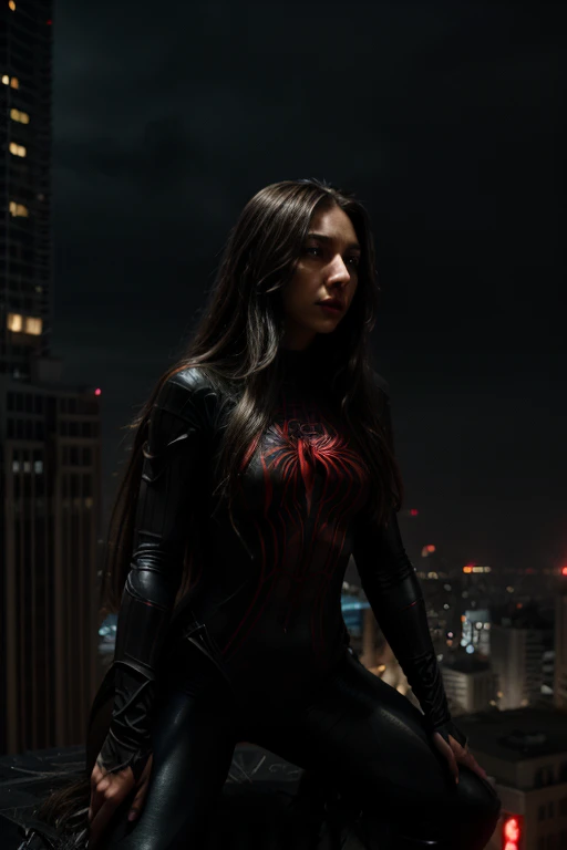 a beautiful spiderwoman with long hair and detailed eyes, wearing a tight bodysuit, riding a giant spider, superhero, dark dystopian city background, cinematic lighting, dramatic composition, moody color palette, high detail, photorealistic, 8k