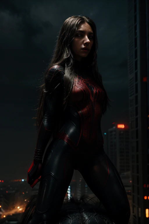 a beautiful spiderwoman with long hair and detailed eyes, wearing a tight bodysuit, riding a giant spider, superhero, dark dystopian city background, cinematic lighting, dramatic composition, moody color palette, high detail, photorealistic, 8k