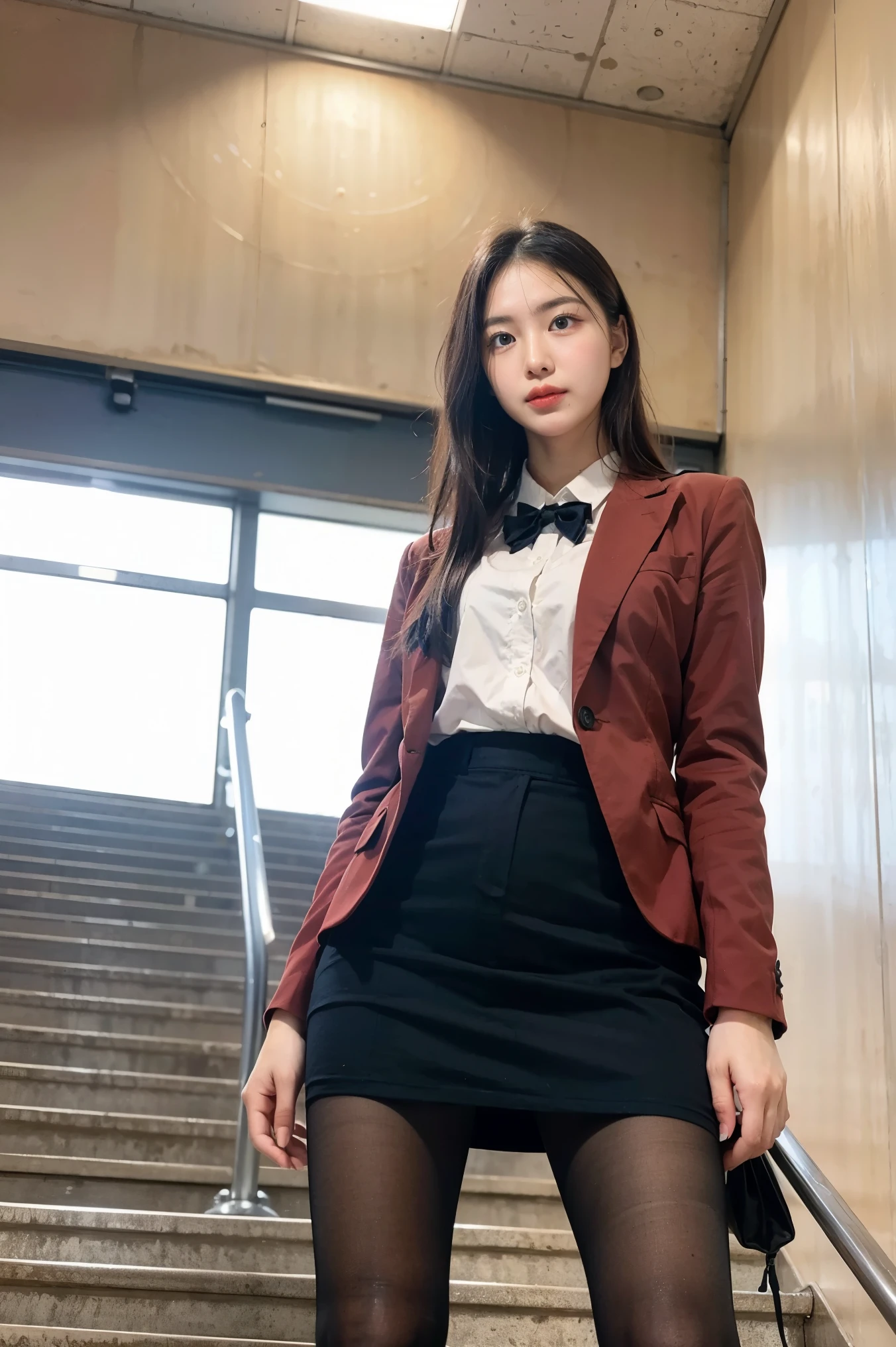 Raw photo、masutepiece、32K、8K、Korean girl sitting on leather sofa wearing high school uniform and black high heels、KPOP Idol Female, M-shaped legs、Red lace panties、