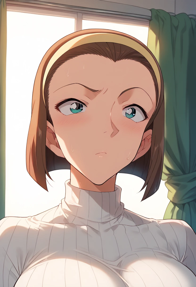 Hyper realistic, suzuki sonoko, short hair, brown hair, hairband, blue eyes, perfect face, perfect lighting,  , ,huge breasts:2.5, sweat,、High neck long sleeve white ribbed knit T-shirt(loose)、デニムパンツ