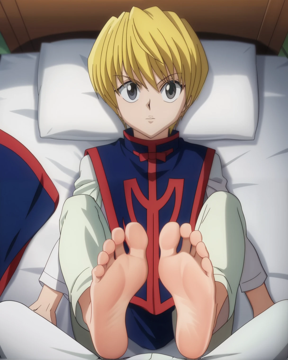 Score_9, score_8_up, source_anime, 1boy, Kurapika, Hunter x Hunter, big eyes,blue tabard decorated with a red-colored hem, White long-sleeve shirt,white long pants, alone, looking at viewer, from above, lying on the bed, in his bedroom, lifting legs to show his soles, night, cowboy shot, ANIME SCREENCAP, anime coloring, barefoot, perfect feet, anatomically correct, soles, focal length 35mm, each foot has five toes, front, symmetrical soles, foot focus,