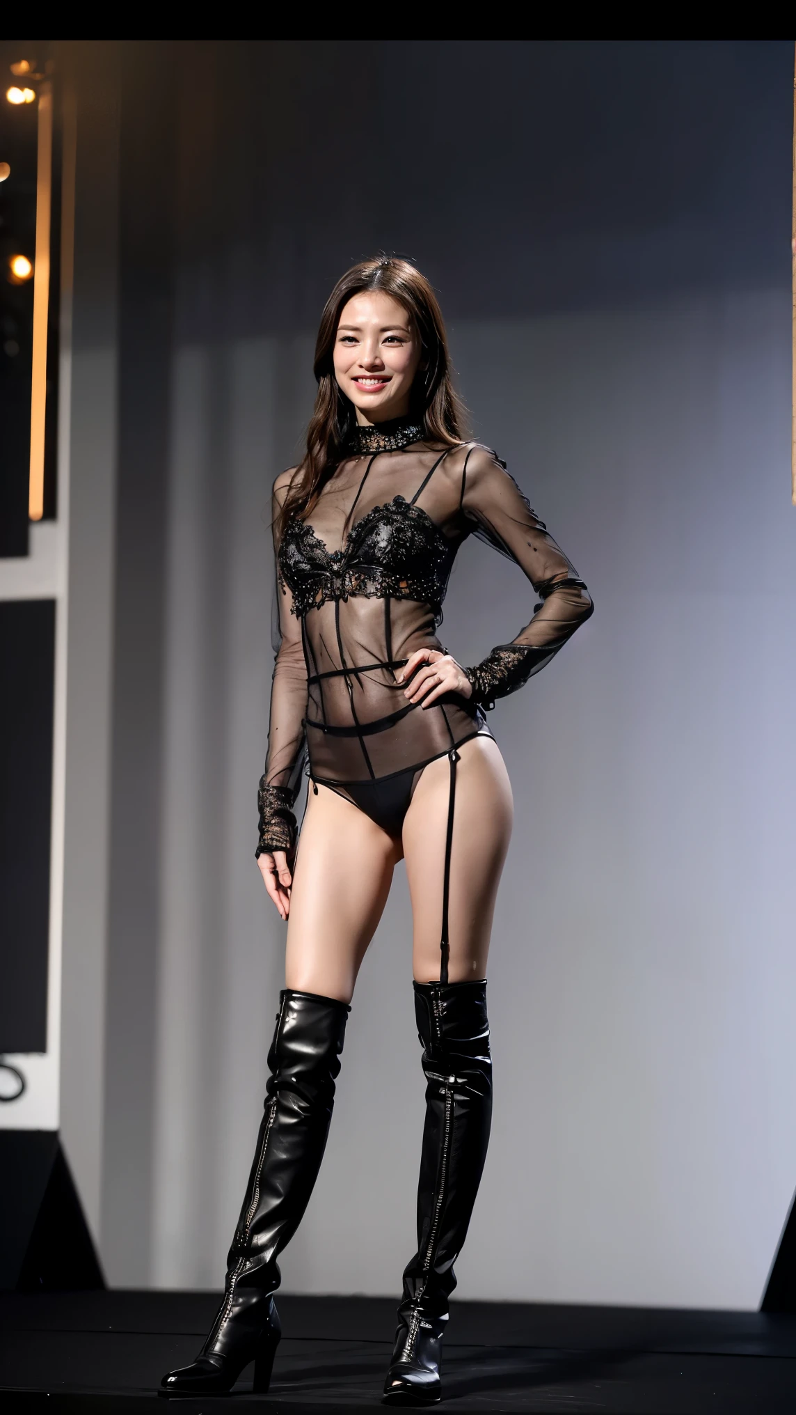 (Highest quality:1.4),(masterpiece:1.4),(Realistic:1.4),(Realistic:1.2),(超High resolution, RAW Photos:1.4),(High resolution, Very detailed:1.2),(8k:1.2),photograph,(Shot from behind:1.3)、Korean women、brown hair photos,One Woman,alone,(In underwear),Very large breasts,((Thigh to head shot:1.3))、(((topless、You can see her large breasts from the side.)))、((Toothy smile))、((Very large breasts:1.4))、Realistic skin textures、Slightly freckled、Slender figure、Realistic skin textures、((background,Concrete wall:1.3)),(topless,The breast is visible from the side:1.6),(Long lace slip,White)、3 woman、The angle at which the nipple is not visible、((Updo long hairstyle))、((Black,Long lace slip:1.4))、Correct toes、Detailed facial features、Long slip covers the buttocks and soles of the feet、Long slip covers your butt、